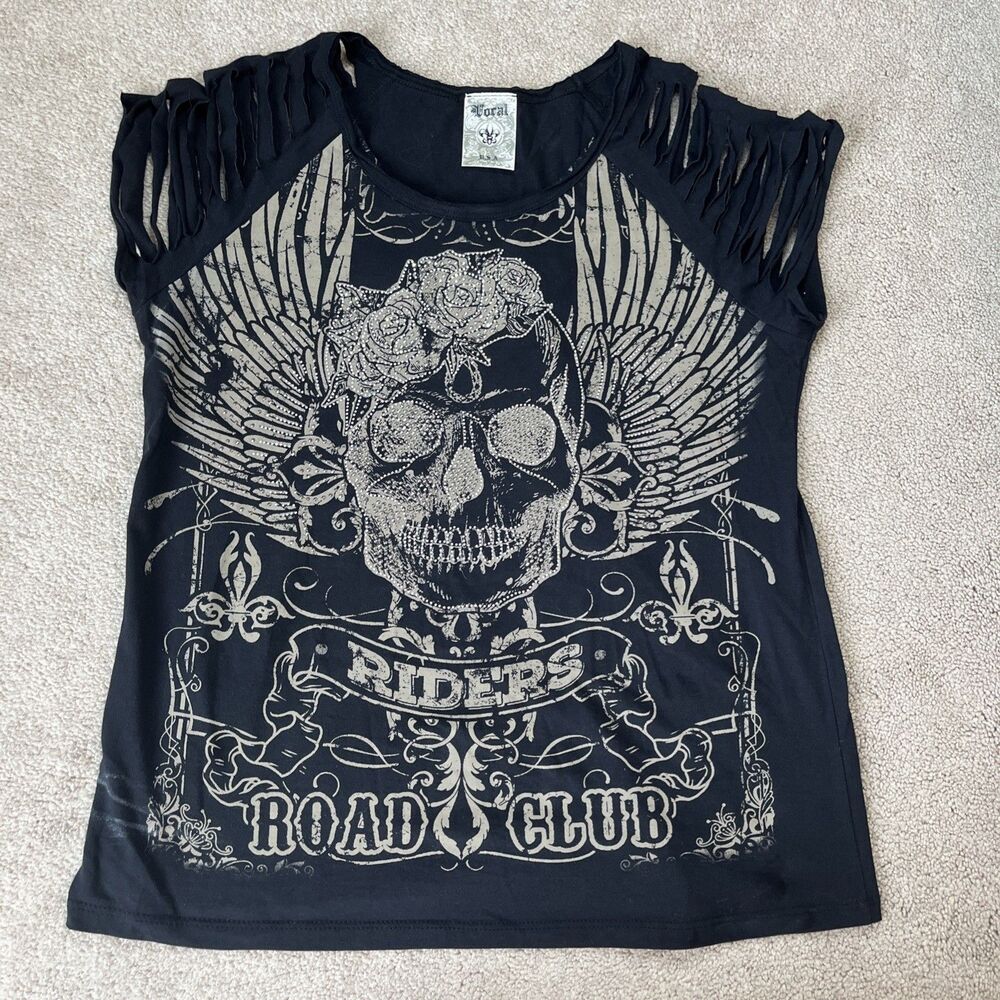 Vocal Usa T-Shirt Women Medium Skull Black Rhinestone Skull Laser Cut Goth Biker